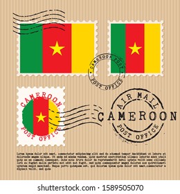 Postage stamps isolated on brown paper background with national flag of Cameroon : Vector Illustration