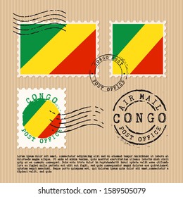 Postage stamps isolated on brown paper background with national flag of Congo : Vector Illustration
