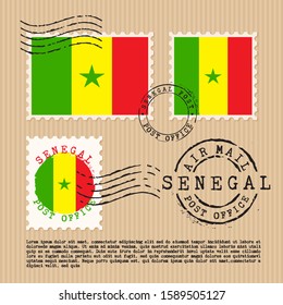 Postage stamps isolated on brown paper background with national flag of Senegal : Vector Illustration