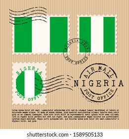 Postage stamps isolated on brown paper background with national flag of Nigeria : Vector Illustration