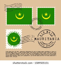 Postage stamps isolated on brown paper background with national flag of Mauritania : Vector Illustration