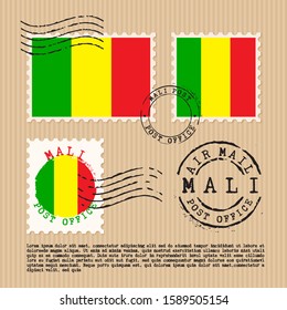 Postage stamps isolated on brown paper background with national flag of Mali : Vector Illustration