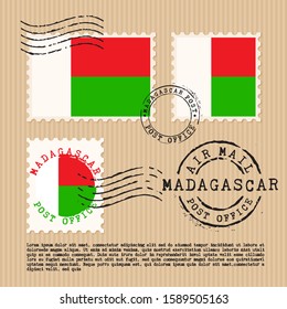 Postage stamps isolated on brown paper background with national flag of Madagascar : Vector Illustration