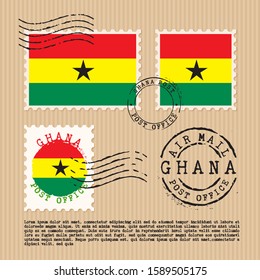 Postage stamps isolated on brown paper background with national flag of Ghana : Vector Illustration