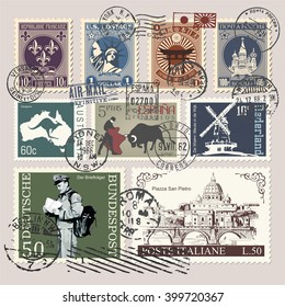 postage stamps, Japanese Imperial Post (upper banner Japanese stamp), Russian Post (text on stamper and upper banner Russian stamp), The Cathedral of Vasily the Blessed (lower banner Russian stamp)