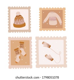 postage stamps with knitted winter warm items