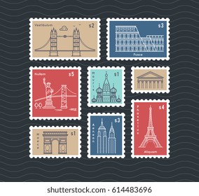 Postage stamps and line travelling city national landmarks vector set  Postmark mail rectangular  illustration post mark and eiffel tower