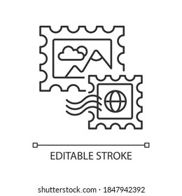 Briefmarken Lineares Symbol. Sammeln seltener Postspuren Hobby, philatlich dünne Linie anpassbare Illustration. Postdienst. Contour-Symbol. Vektor-einzelne Rahmenzeichnung. Bearbeitbarer Hub