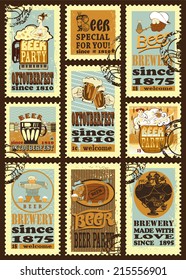 Postage stamps for Oktoberfest. Set  contains the images of beer mug, men, fisherman,girl, silhouette of a trumpet, fingerboard, girl with beer mug  on vintage background and text.