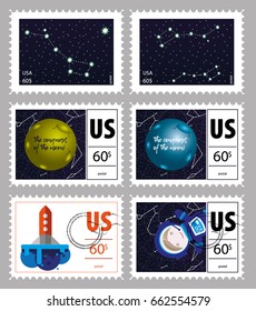 postage stamps on the day of cosmonautics, space, rocket, starry sky