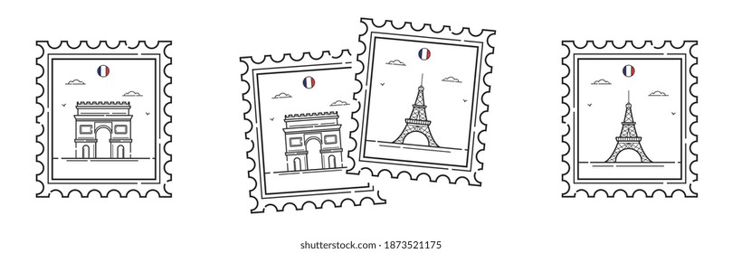 SELLOS DE POSTAL DE PARÍS, TORRE EIFFEL Y ARCO TRIUNFO