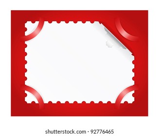 Postage stamps with perforations on a red background is shown in the image.
