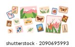 Postage stamps and post cards. Different postal labels for envelopes and postcards. Sticky postmarks with landmarks, nature and flowers. Colorful flat vector illustration isolated on white background