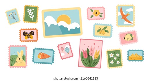 Postage stamps and post cards. Different modern postal stickers for envelopes and postcards. Labels postmarks with landmarks, nature, animals and flowers. Flat vector illustration on white background