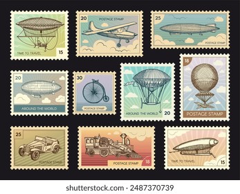 Postage stamps. Retro labels with transport cars aerobus aircraft recent vector templates with place for text