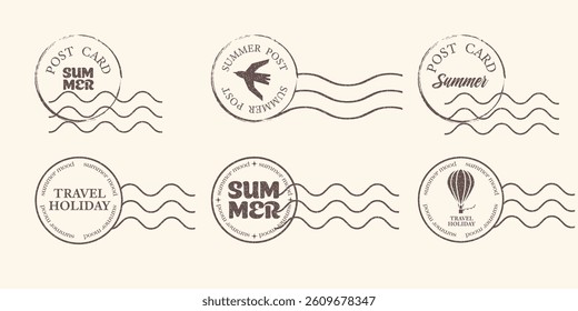 Postage stamps or seals collection. Badges, stickers or icons for summer travel postcards in retro design. Labels for vacation mood. Vector illustration.
