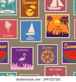 Postage stamps seamless pattern Summer vacation. Retro background signs travel exotic tour. Vector illustration background vintage style