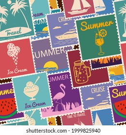 Postage stamps seamless pattern Summer vacation. Retro background signs travel exotic tour. Vector illustration background vintage style