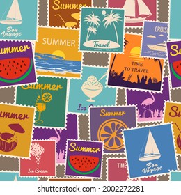 Postage stamps seamless pattern Summer vacation. Retro background signs travel exotic tour. Vector illustration background vintage style