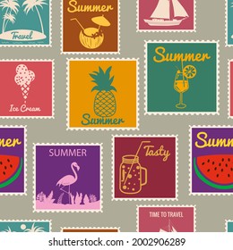 Postage stamps seamless pattern Summer vacation. Retro background signs travel exotic tour. Vector illustration background vintage style