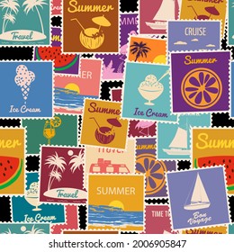 Postage stamps seamless pattern Summer vacation. Retro background signs travel exotic tour. Vector illustration background vintage style