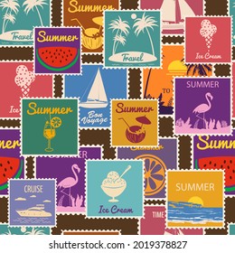 Postage stamps seamless pattern Summer vacation. Retro background signs travel exotic tour. Vector illustration background vintage style