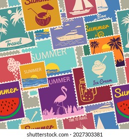 Postage stamps seamless pattern Summer vacation. Retro background signs travel exotic tour. Vector illustration background vintage style