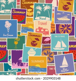 Postage stamps seamless pattern Summer vacation. Retro background signs travel exotic tour. Vector illustration background vintage style