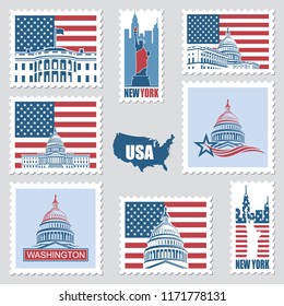 postage stamps set with american symbols statue of liberty, capitol building and white house