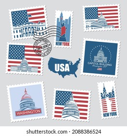 postage stamps set with american symbols statue of liberty, capitol building and white house