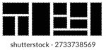  postage stamps set. Black post stamp frames and borders. Rectangle, square template for mail, postcard, letter, note. Vector illustration.