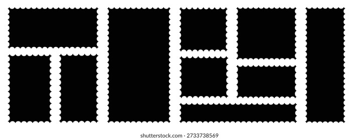  Briefmarkensatz. Schwarze Poststempelrahmen und -rahmen. Rechteck, quadratische Vorlage für Post, Postkarte, Brief, Notiz. Vektorgrafik.