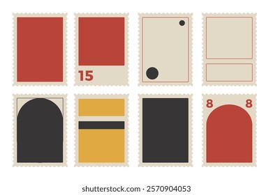 Postage stamps set. Blank empty mail postcard pack. Vector hand drawn flat collection illustration isolated on white background. Perforated paper mark templates.