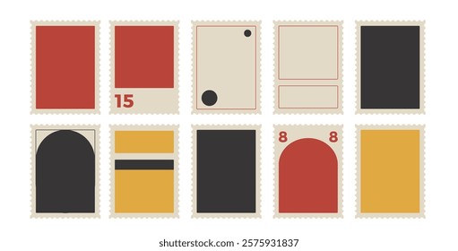 Postage stamps set. Blank empty mail postcard pack. Vector hand drawn flat collection illustration isolated on white background. Perforated paper mark templates.