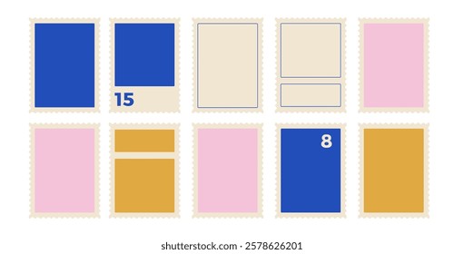 Postage stamps set. Blank empty mail postcard pack. Vector hand drawn flat collection illustration isolated on white background. Perforated paper mark templates.