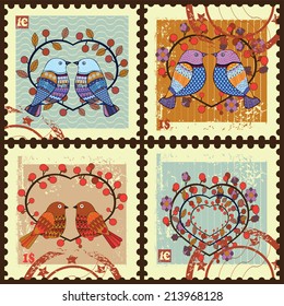 Postage stamps .Set contains the images of birds and heart.