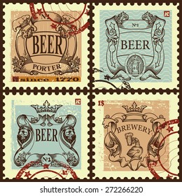 Postage stamps set contains the  images of beer mug,  type composition, hand with  beer mug ,crow, star, ribbon,lion and text. Set of postage stamps. Etching style.