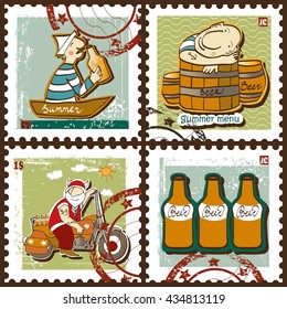 Postage stamps set.Set contains images of wanderer on the motorcycle, fisher in the boat,seaman on the tun,sun and clouds,stamp and price,beer bottles.Cartoon style.