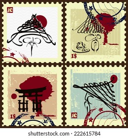 Postage stamps. Set contains postage stamps of Japanese style.