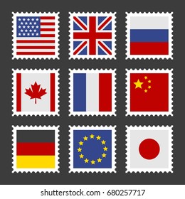 Postage Stamps Set with Different Country Flags. Vector