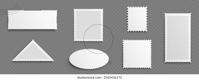 Postage stamps set isolated on transparent background. Vector realistic illustration of blank square, rectangle, triangle, oval shape paper stickers for postcard, envelope, parcel, mail delivery