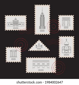 Postage stamps set. Marks with old architectural monuments. Vector design elements.