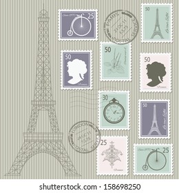  Postage stamps set on stripped grunge paper with silhouette of Eiffel tower. Vector illustration. Can be used for scrapbook, invitation cards, collage design. 