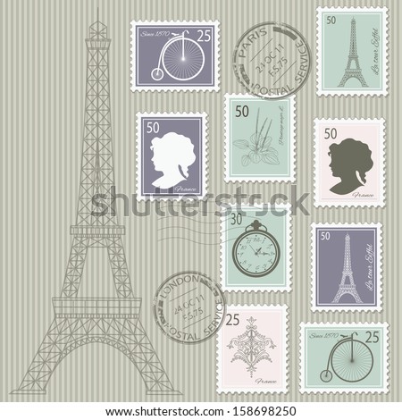  Postage stamps set on stripped grunge paper with silhouette of Eiffel tower. Vector illustration. Can be used for scrapbook, invitation cards, collage design. 
