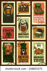 Postage stamps set for Patricks day.Set contains images of of clover, beer mugs,text, fairy,leprechaun on turn,postage stamp,postage mark,griffin,box and text.