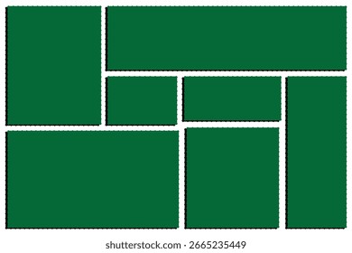 Briefmarkensatz. Rahmen und Rahmen für Poststempel. Rechteckvorlage für Post, Postkarte, Brief, Notiz. Briefmarken. Sammlung leerer Postkarten- und Briefmarkenvorlagen mit Kopienraum. 10 EPS