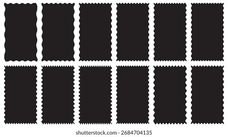 selos postais definidos. Quadros e bordas de carimbo postal. Conjunto de quadros preto recortado e em ziguezague. Adesivos de forma de onda abstrata. Quadros em forma ondulada em ziguezague.