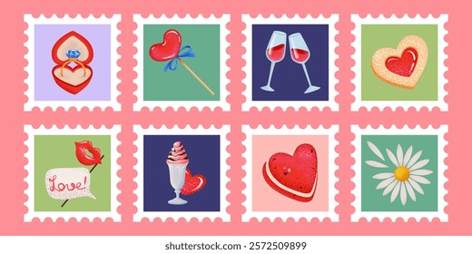 Postage stamps set for Valentine's Day and love. Romantic set of cute elements: hearts, flowers, sweets, and decor, for love letter, stickers, scrapbooking, greeting card. Vector cartoon illustration