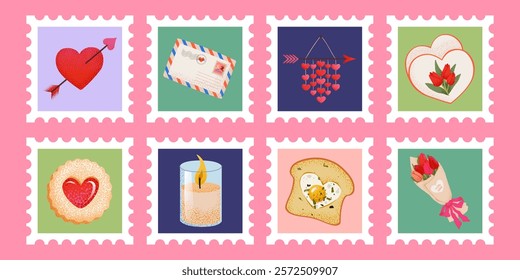 Postage stamps set for Valentine's Day and love. Romantic set of cute elements: hearts, flowers, sweets, and decor, for love letter, stickers, scrapbooking, greeting card. Vector cartoon illustration