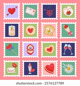 Postage stamps set for Valentine's Day and love. Romantic set of cute elements: hearts, flowers, sweets, and decor, for love letter, stickers, scrapbooking, greeting card. Vector cartoon illustration